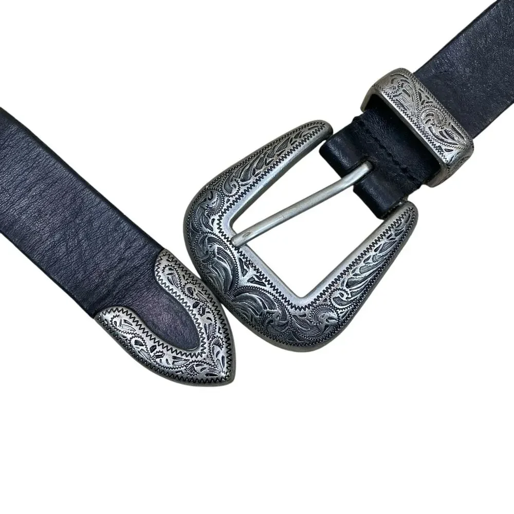 Ecote Western Black Leather Belt 28 inches S/M Large Buckle Southwestern